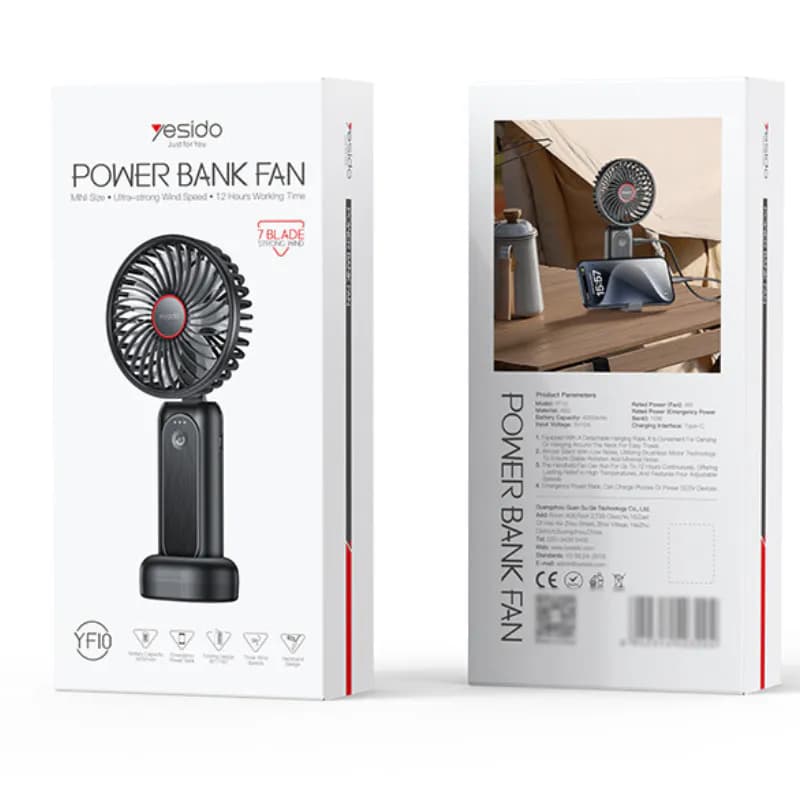Yesido YF10 – Ventilateur Mini Portable 3 Vitesses avec Batterie 4000mAh Intégrée et Fonction Power Bank
