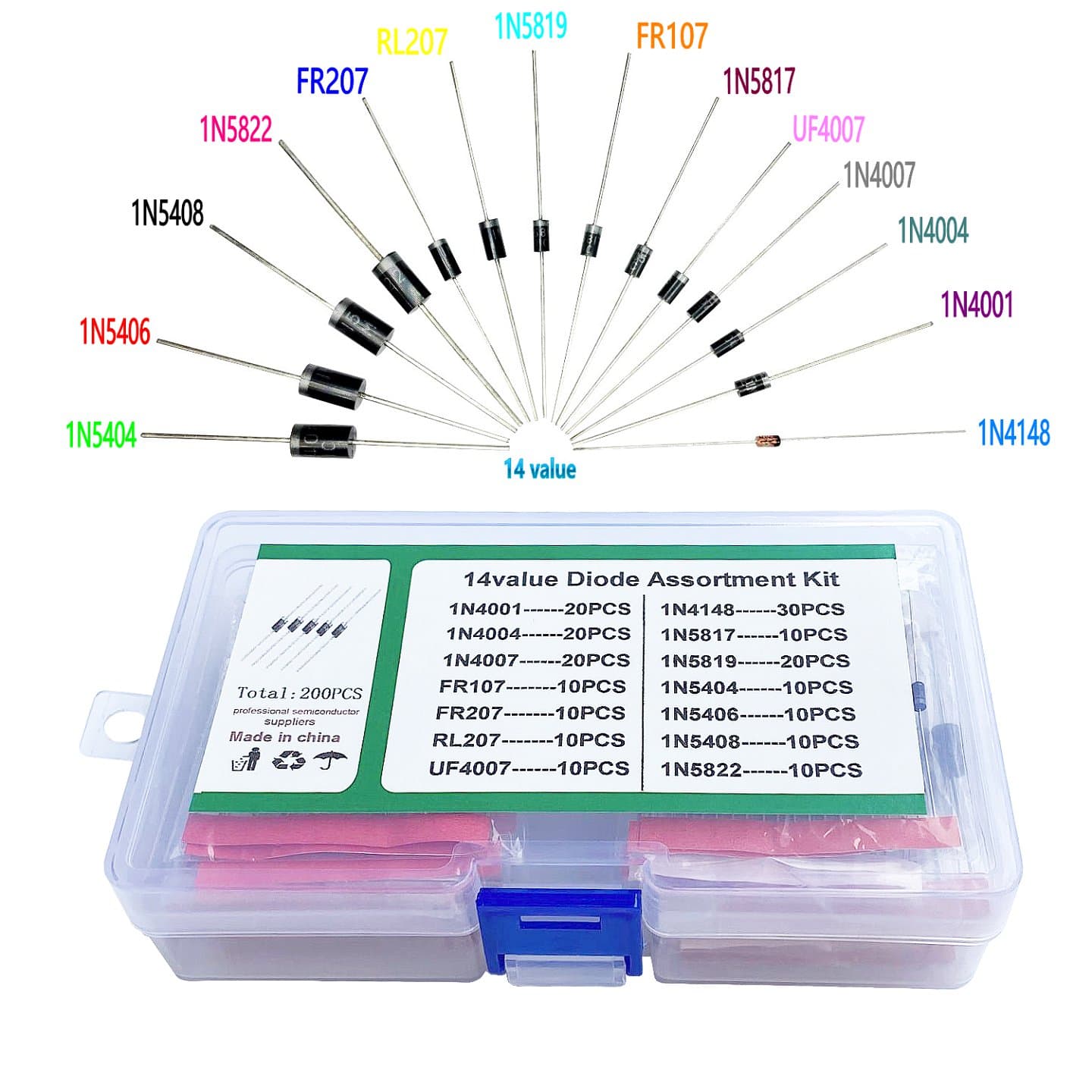 Kit d’assortiment de diodes (14 Références, Total 200 pièces) — image 1