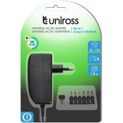 Adaptateur universel Uniross 3-12V, 6 types de connecteurs, 1500mA — image 1