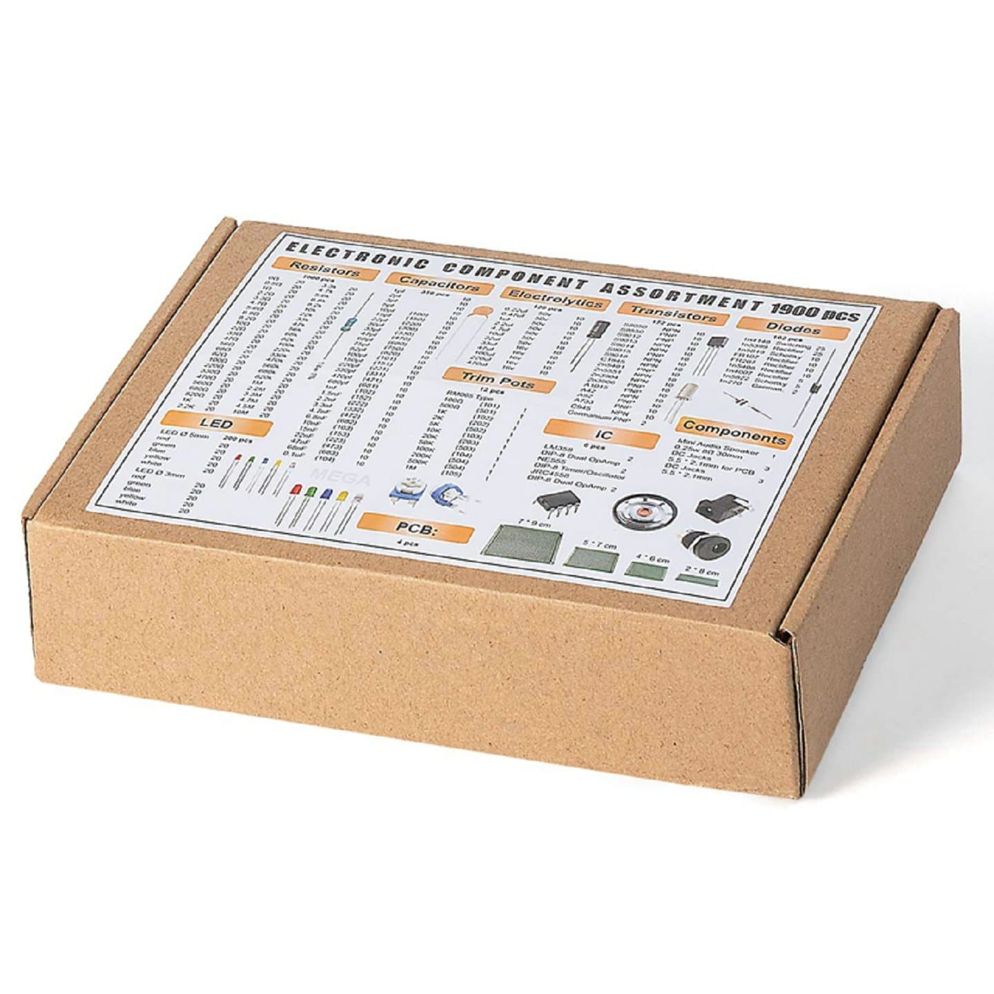 1900Pcs Mega Electronic Component Assortment Kit, Capacitors, Resistors, LED, Transistors, Diodes, 1n270 Germanium, DC Jacks-ar — image 1