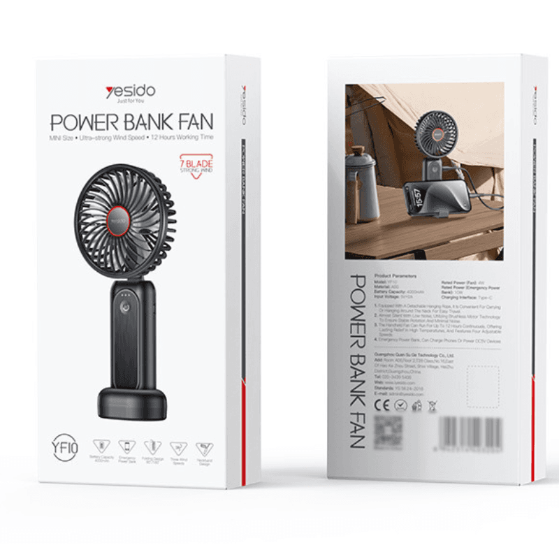 Yesido YF10 – Ventilateur Mini Portable 3 Vitesses avec Batterie 4000mAh Intégrée et Fonction Power Bank — image 1