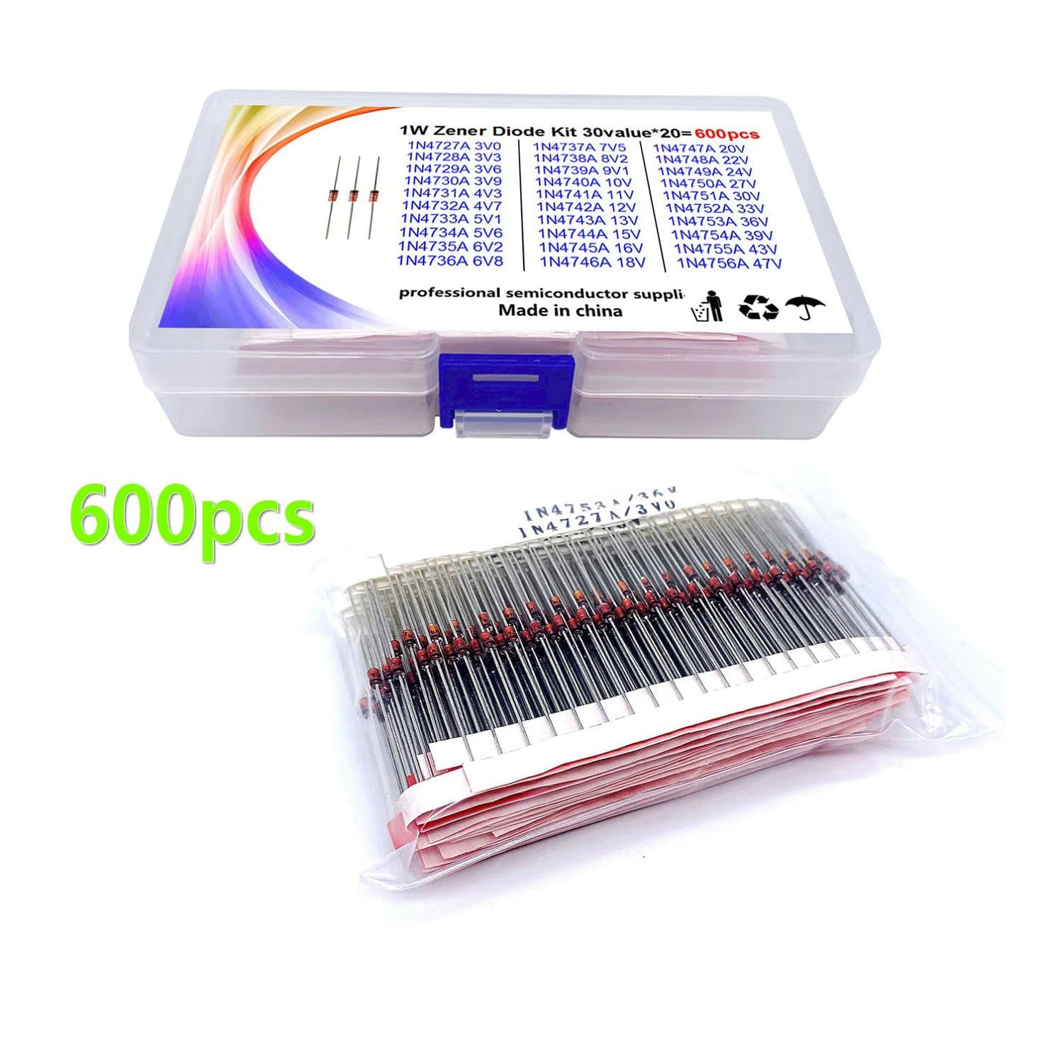 30 types de 600 1W Zener cristal verre verre Zener diodes kit 1N4727 (3V0)-4756A (47V) — image 1