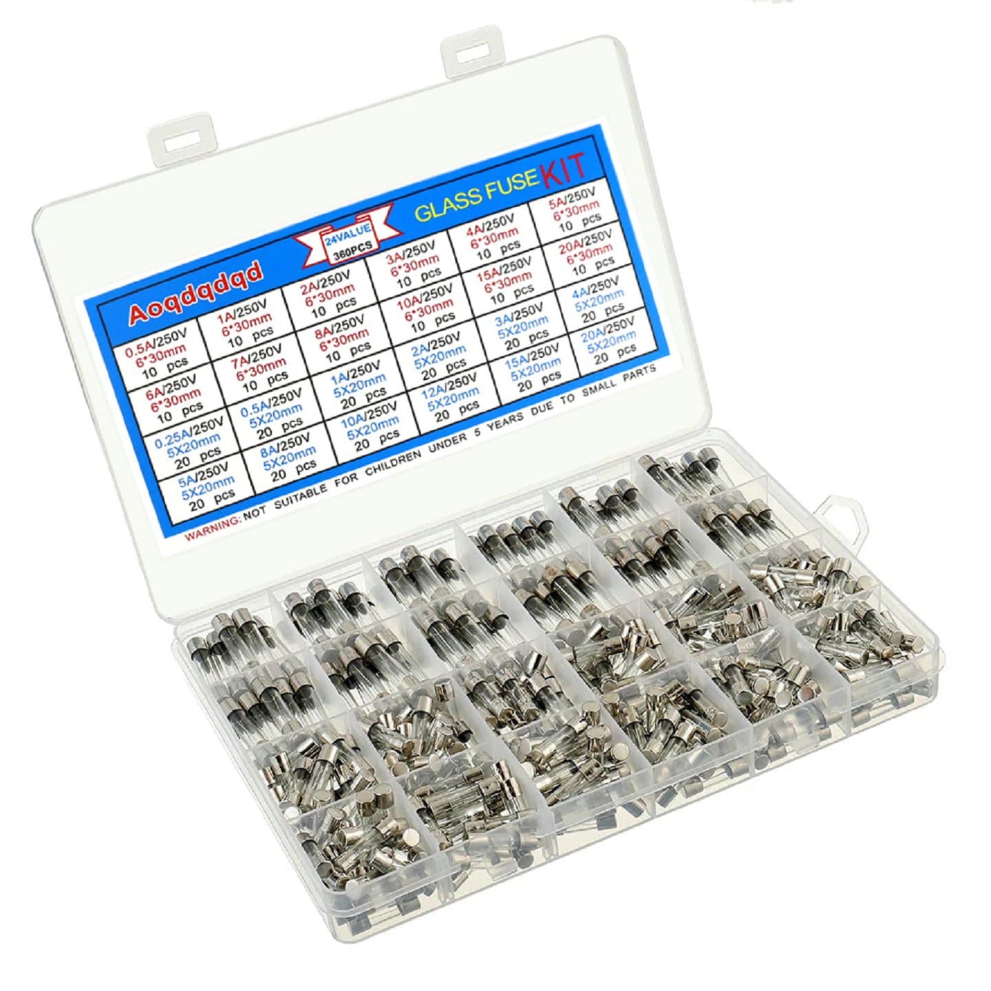 Kit d’assortiment de fusibles en verre 360PCS 6x30mm 0.5A-20A + 5×20mm 0.25A-20A — image 1